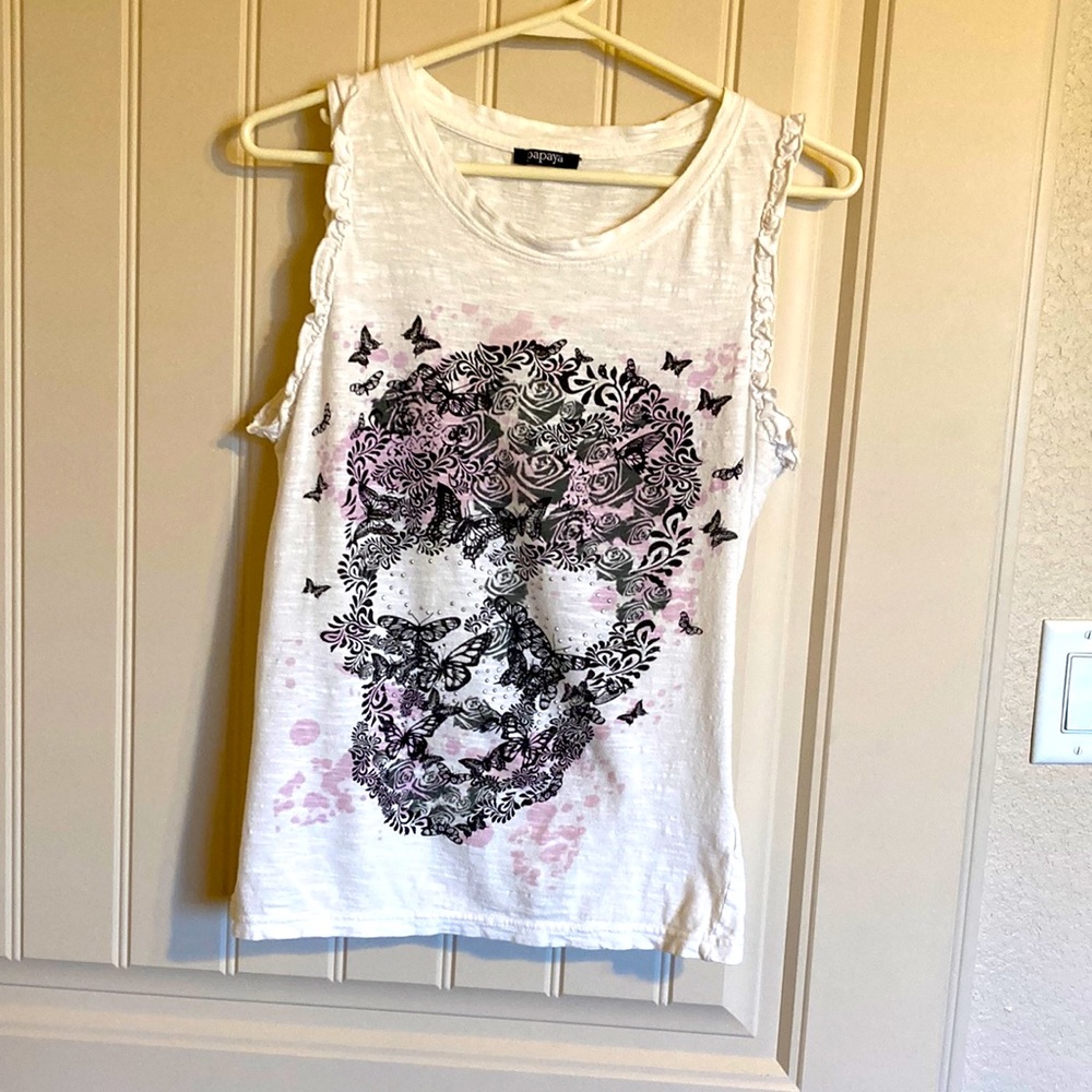 Papaya Women’ Retro Sleeveless with Ruffle Tshirt Skull Face Butterflies Size 16